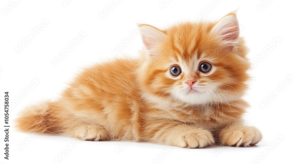 Single Fluffy Ginger Kitten Lying On a White Surface Looking Curious : Generative AI Single Fluffy Ginger Kitten Lying On a White Surface Looking Curious : Generative AI