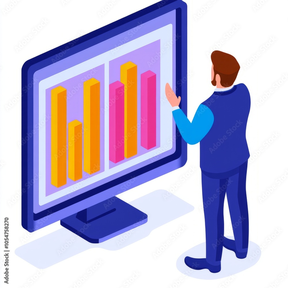 A person analyzing bar graphs on a computer screen. A person analyzing bar graphs on a computer screen.