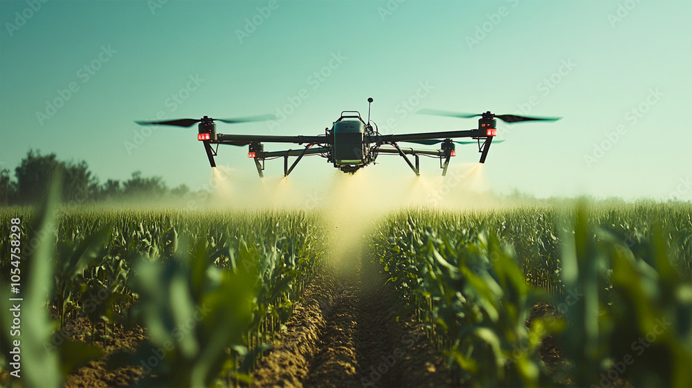 Aerial view of agricultural drones flying over lush green farmland, spraying fertilizer with precision, clear blue sky Aerial view of agricultural drones flying over lush green farmland, spraying fertilizer with precision, clear blue sky