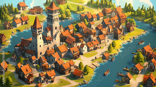 Illustration of medieval european little town or village next to river in computer game. Fantasy Village. Illustration