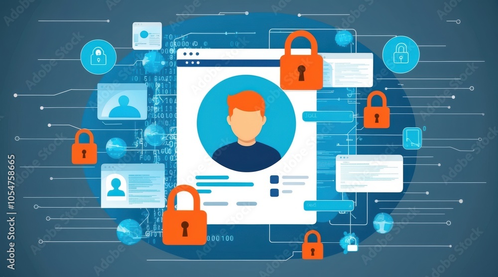 user profile surrounded by padlocks, privacy settings, and encrypted code, representing how personal identity is protected online. user profile surrounded by padlocks, privacy settings, and encrypted code, representing how personal identity is protected online.