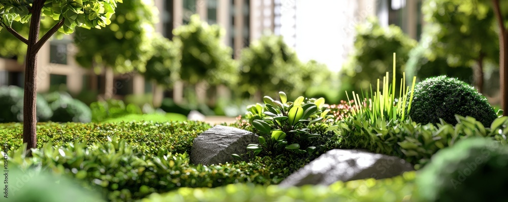 Modern Urban Garden with Lush Greenery and Contemporary Landscaping in a City Environment Modern Urban Garden with Lush Greenery and Contemporary Landscaping in a City Environment