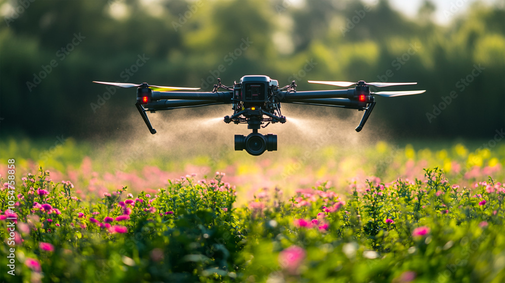 Front view of an agricultural drone hovering over crops, spraying fertilizer with fine mist, colorful fields below Front view of an agricultural drone hovering over crops, spraying fertilizer with fine mist, colorful fields below