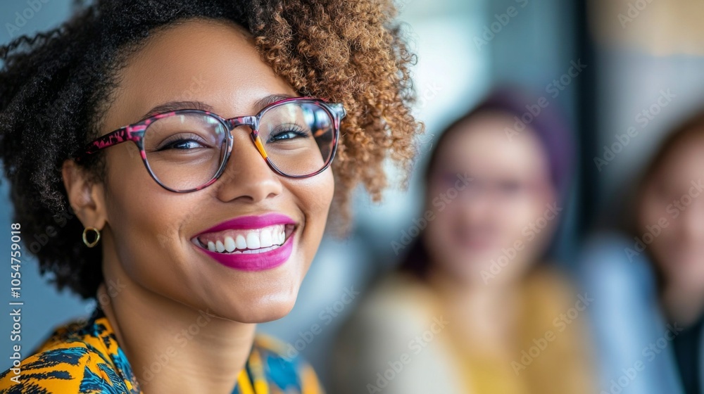 Cheerful Woman with Glasses Smiling in Office Setting Cheerful Woman with Glasses Smiling in Office Setting