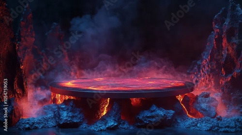 Epic Volcanic Podium Background Lava-Filled Nightscape for Product Display and Showcase