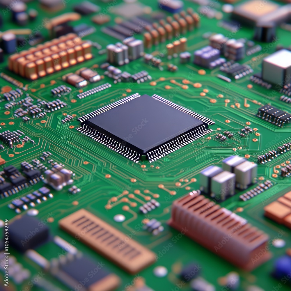 Close-up view of a circuit board featuring various electronic components. Close-up view of a circuit board featuring various electronic components.