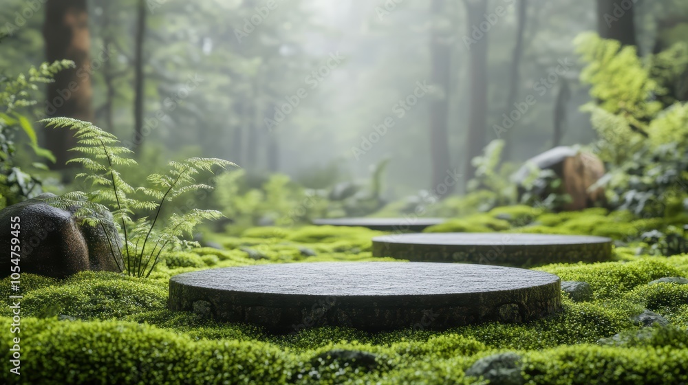 Mossy Podium Background for Product Display in a Misty Forest Morning Setting Mossy Podium Background for Product Display in a Misty Forest Morning Setting