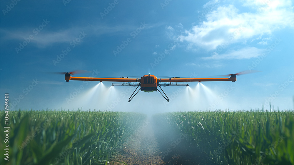 Front view of an agricultural drone hovering over crops, spraying fertilizer with fine mist, colorful fields below Front view of an agricultural drone hovering over crops, spraying fertilizer with fine mist, colorful fields below