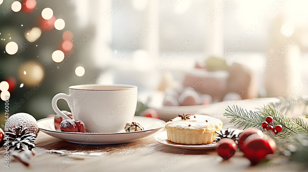 Warm holiday moments a cozy christmas setting with tea and mince pies on a rustic table decorated for the festive season Warm holiday moments a cozy christmas setting with tea and mince pies on a rustic table decorated for the festive season