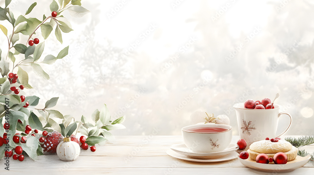 Fototapeta premium A cozy christmas tea and mince pies setting on a rustic table with watercolor background and holiday accents