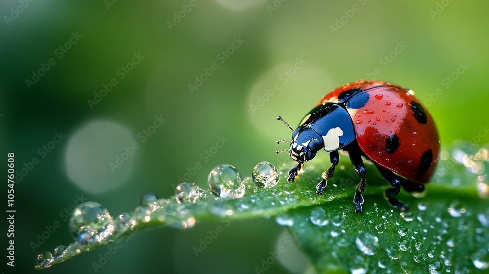 Obraz premium Detailed Macro Photography of a Ladybug on a DewCovered Leaf in a Lush Greenery : Generative AI