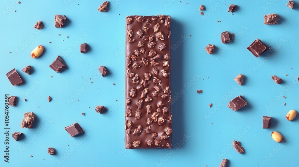 Overhead flat lay view of energy protein bar or chocolate bar snack Overhead flat lay view of energy protein bar or chocolate bar snack
