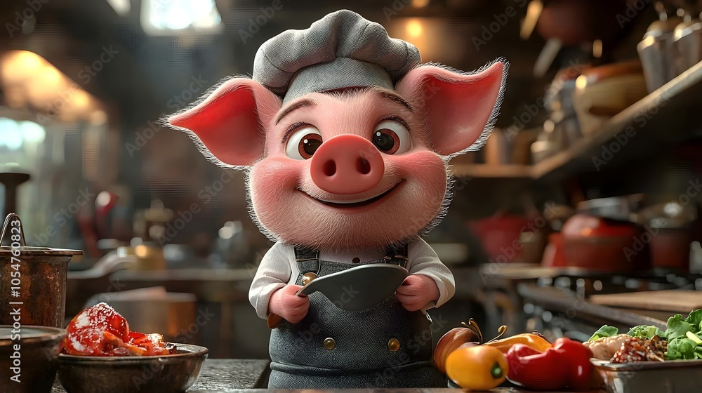 Cheerful Cartoon Pig Chef Holds Spatula in Vibrant Modern Kitchen Scene Radiating Joyful Cooking Atmosphere with Playful Details Cheerful Cartoon Pig Chef Holds Spatula in Vibrant Modern Kitchen Scene Radiating Joyful Cooking Atmosphere with Playful Details