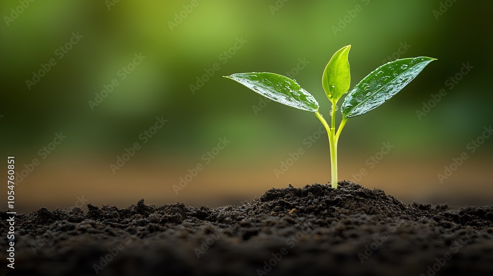 Fresh Green Seedling on Rich Dark Soil with Blurred Natural Background and Sunlight : Generative AI Fresh Green Seedling on Rich Dark Soil with Blurred Natural Background and Sunlight : Generative AI