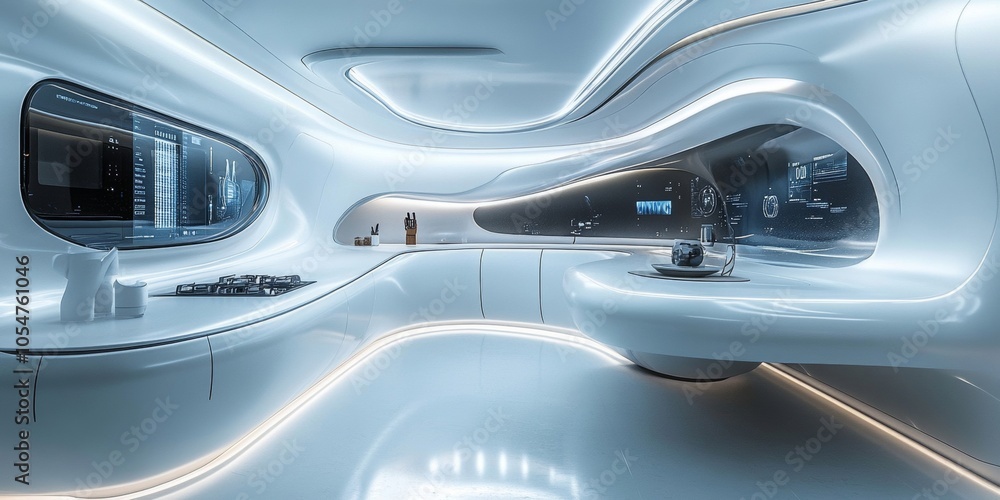 Naklejka premium Futuristic Kitchen Interior Design with Curved Walls and Modern Appliances