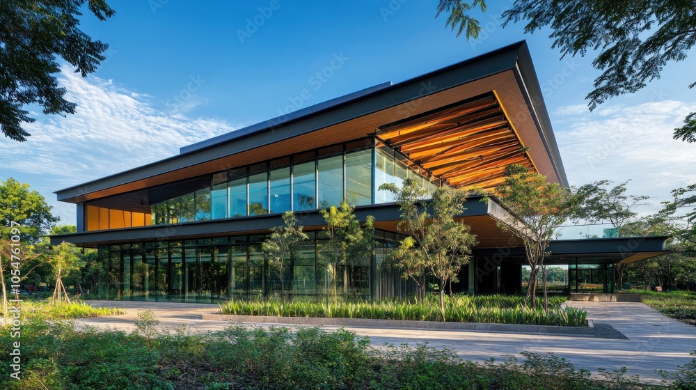 Modern architectural building with glass facade, surrounded by greenery and open space. Modern architectural building with glass facade, surrounded by greenery and open space.