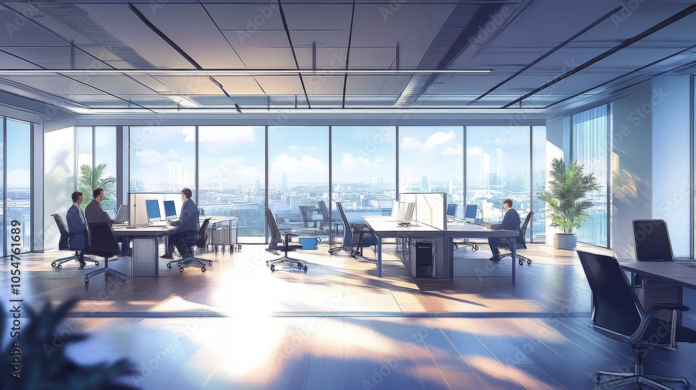Modern office interior with large windows and city view Modern office interior with large windows and city view