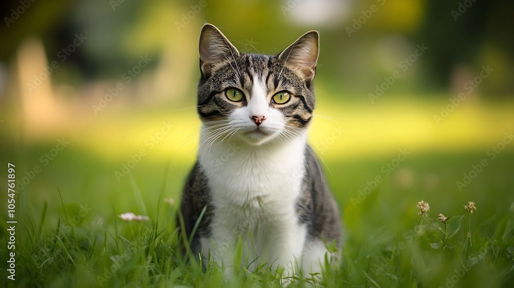 Grey and White Tabby Cat Sitting in Sunny Park Amidst Vibrant Greenery : Generative AI Grey and White Tabby Cat Sitting in Sunny Park Amidst Vibrant Greenery : Generative AI