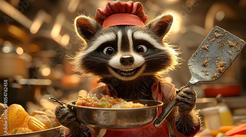 Cheerful Cartoon Raccoon Chef Holding Spatula in Vibrant Kitchen Setting with Cooking Utensils and Ingredients photo