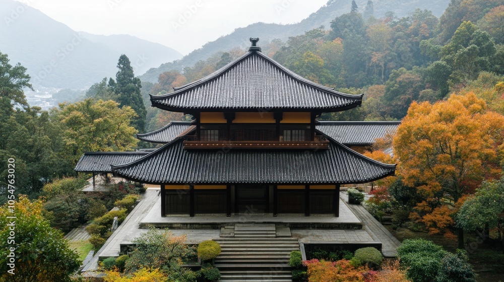 A serene traditional Japanese temple surrounded by autumn foliage and mountains. A serene traditional Japanese temple surrounded by autumn foliage and mountains.