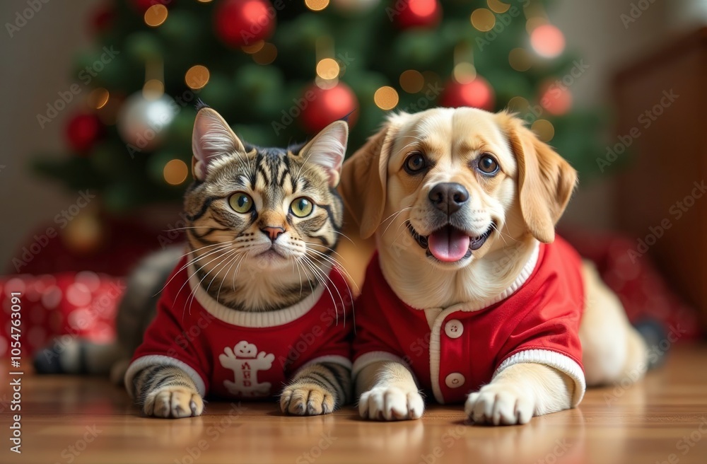 grey cat and dog in Christmas costume against the background of a New Year tree grey cat and dog in Christmas costume against the background of a New Year tree