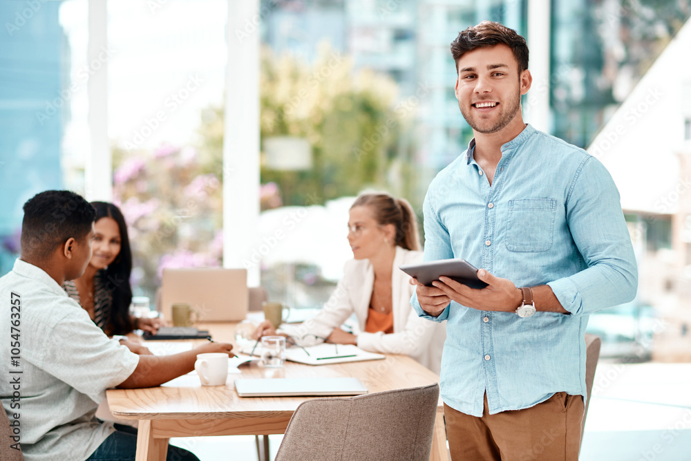 Fototapeta premium Portrait, tablet and happy business man in startup for career leadership, research or copywriter editing online. Technology, smile and professional manager in meeting for coworking, planning or laugh