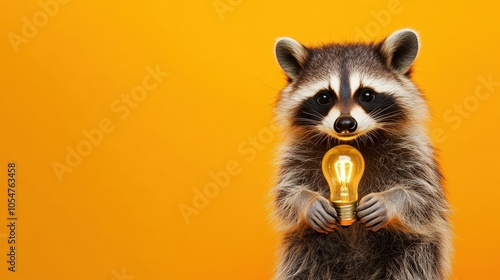 Raccoon Holding Light Bulb on Bright Background