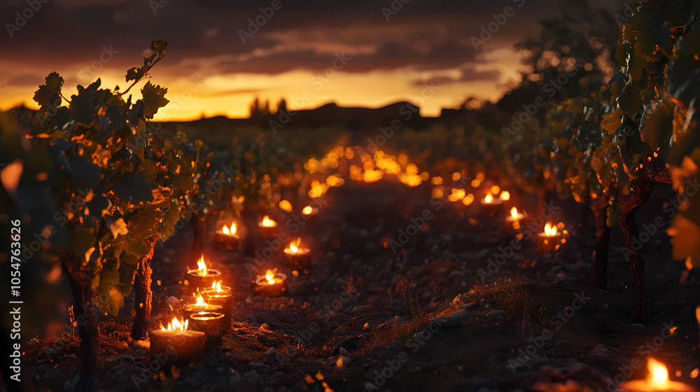 Medium shot of candles burning to heat up the vineyards in chablis, france. slow motion. Fire and Ice Battle. Illustration Medium shot of candles burning to heat up the vineyards in chablis, france. slow motion. Fire and Ice Battle. Illustration