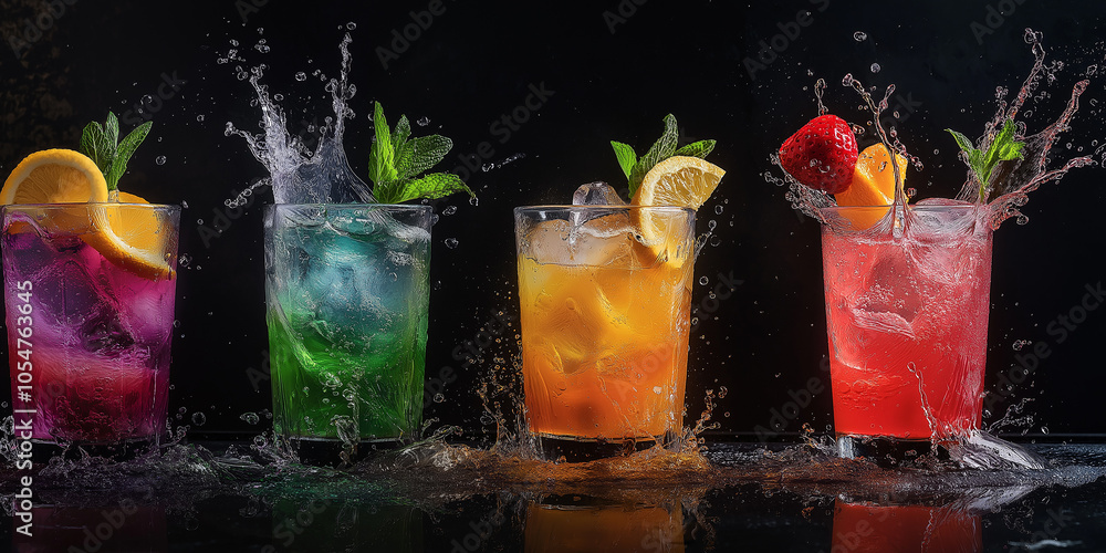 Colorful cocktails splashing with ice, fruits, and mint on black background Colorful cocktails splashing with ice, fruits, and mint on black background