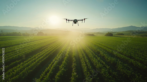 Aerial view of agricultural drones flying over lush green farmland, spraying fertilizer with precision, clear blue sky 