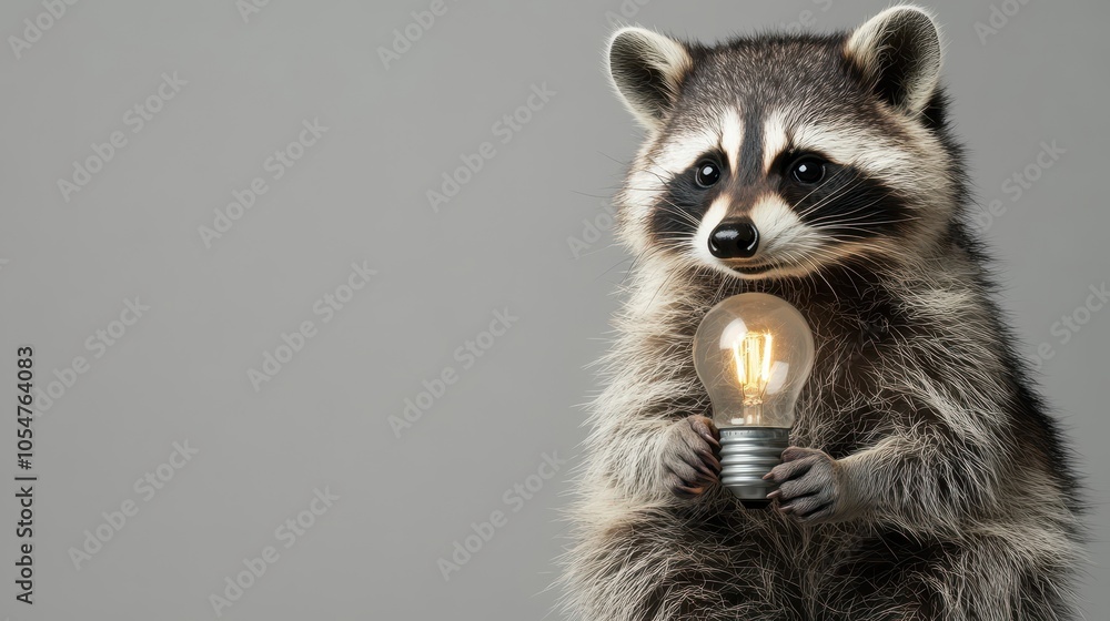 Curious raccoon holding a glowing light bulb Curious raccoon holding a glowing light bulb