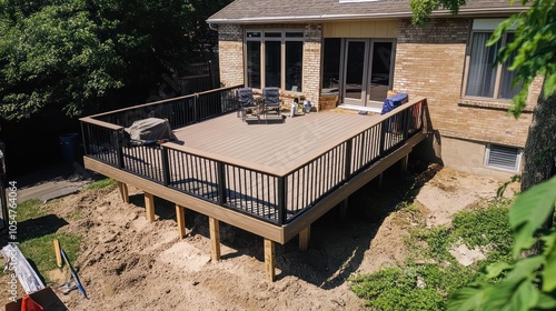 New wooden deck under construction behind a house, surrounded by dirt and greenery.