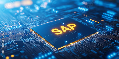 Sap software shining on futuristic printed circuit board with blue lights