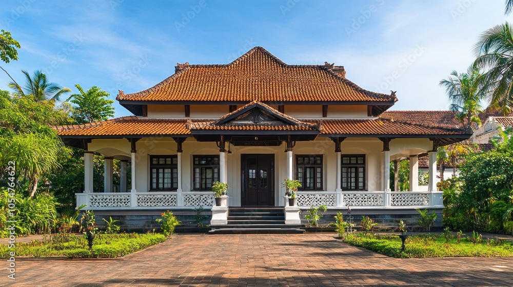 A traditional house with a distinctive roof and lush greenery surrounding it. A traditional house with a distinctive roof and lush greenery surrounding it.