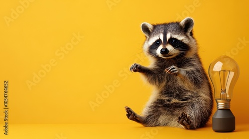 Cute raccoon with light bulb on bright yellow backdrop
