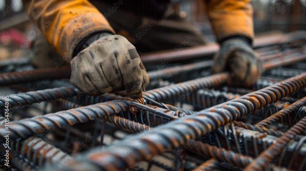 A worker bending and shaping rebar rods with precision and expertise. A worker bending and shaping rebar rods with precision and expertise.