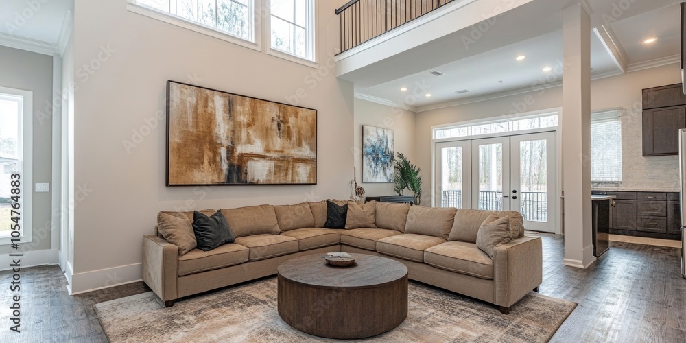 Fototapeta premium Modern Living Room with Sectional Sofa and Large Windows