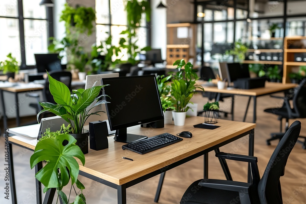 Modern openplan office with lush indoor plants and minimalist workstations : Generative AI Modern openplan office with lush indoor plants and minimalist workstations : Generative AI