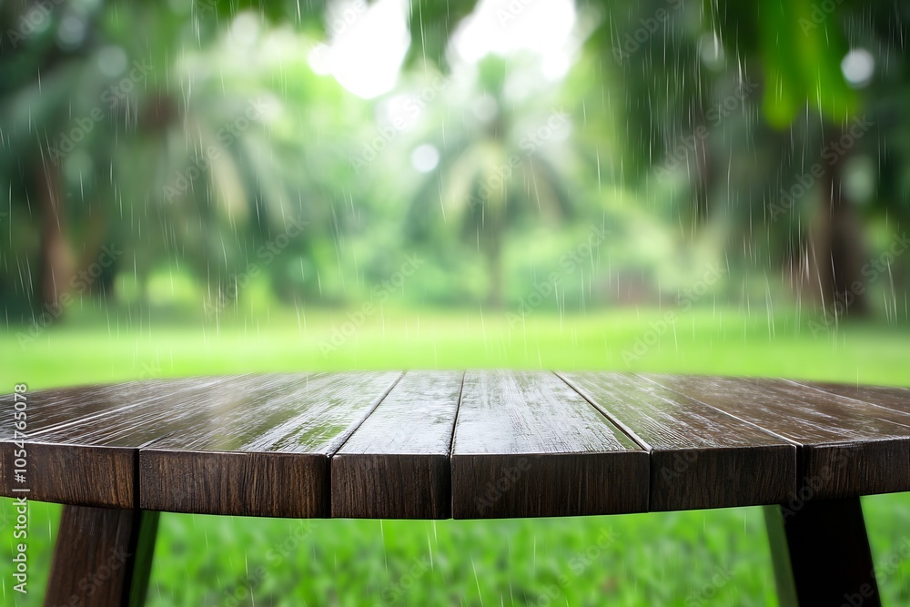 Fototapeta premium Rain Falling on Wooden Table in Lush Green Tropical Garden Creating Serene and Refreshing Atmosphere : Generative AI