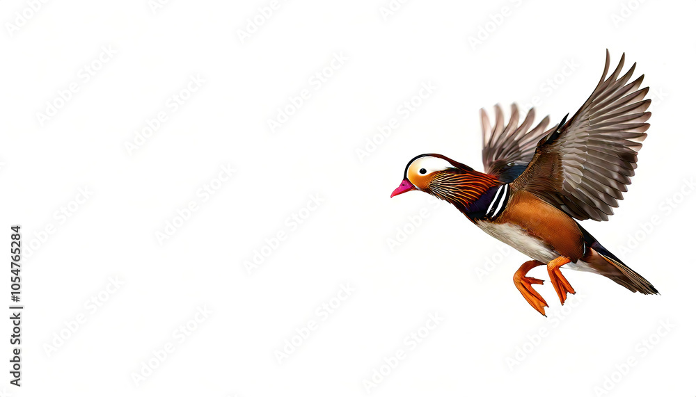 Obraz premium Male mandarin duck - Aix galericulata - is a perching species native to the East Palearctic. It is sexually dimorphic, with males showing a dramatic difference from the females. Isolated on white
