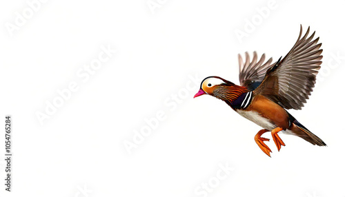 Male mandarin duck - Aix galericulata - is a perching species native to the East Palearctic. It is sexually dimorphic, with males showing a dramatic difference from the females. Isolated on white photo