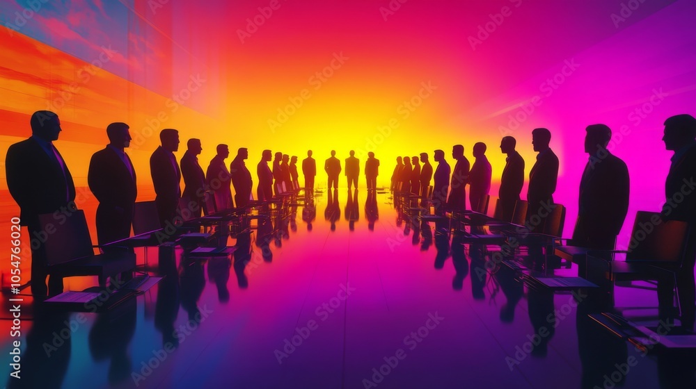 Silhouettes in a Colorful Boardroom Scene Silhouettes in a Colorful Boardroom Scene