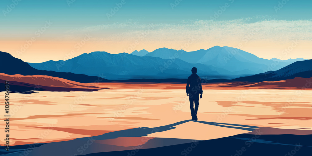 Hiker walking on dry lake bed at sunset with mountains in background Hiker walking on dry lake bed at sunset with mountains in background