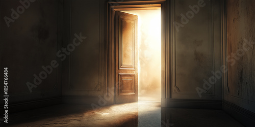 Bright light shining through open door into dark room