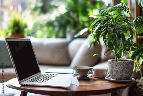 Wallpaper Mural Modern home office with laptop and coffee in lush green indoor plant setting : Generative AI Torontodigital.ca