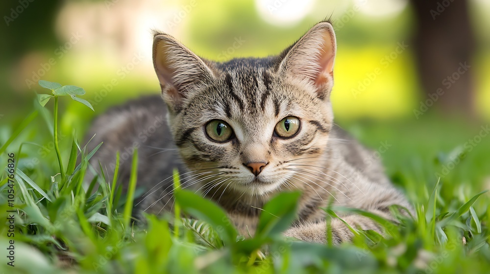 Cute Tabby Cat Lying in Green Field Staring Intently with Bright Eyes : Generative AI Cute Tabby Cat Lying in Green Field Staring Intently with Bright Eyes : Generative AI