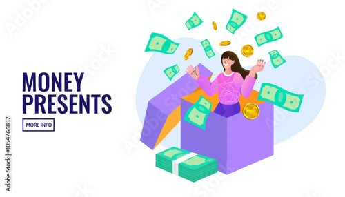 Girl opening a gift box Found a lot of money floating out.