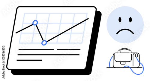 Graph screen with downward trendline, two data points, grid lines, sad face, and briefcase. Ideal for business analysis, financial reporting, market decline, performance review, economic downturn
