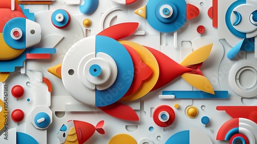 Vibrant Paper Arts Collage with Colorful Geometric Shapes and Playful Fish Motifs