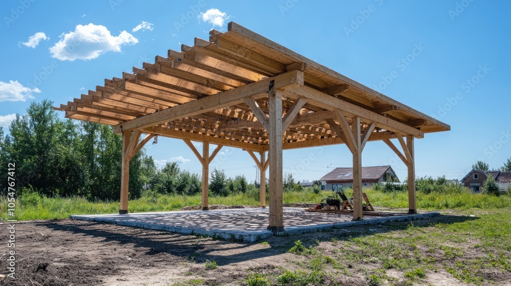 A wooden open-air structure with a slatted roof in a grassy area under a clear blue sky. A wooden open-air structure with a slatted roof in a grassy area under a clear blue sky.